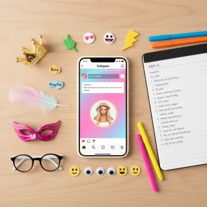 Sissy Captions showing a smartphone, notebook, and creative props, illustrating the strategy for writing personalized and attitude-driven captions for Instagram and TikTok.