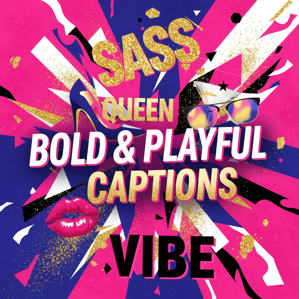 Dynamic and bold visual collage representing sassy, fierce, and playful attitude captions and aesthetic themes.